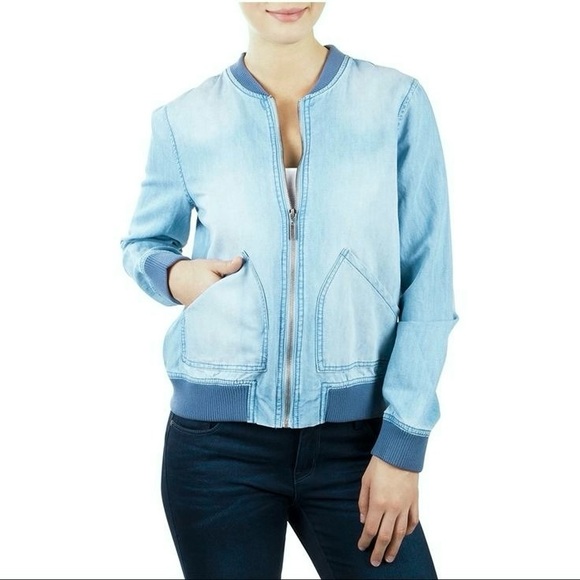 Maurices Medium Drapey Denim Bomber Jacket - Picture 1 of 9